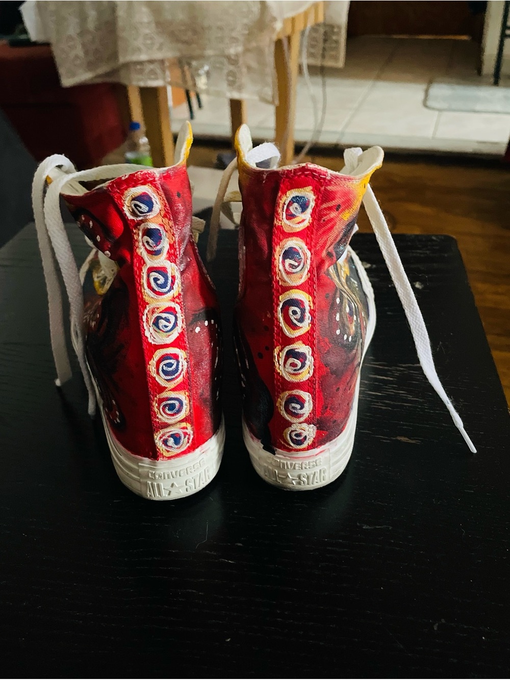 Converse Hand-Painted High-Top Sneakers, Teal, Yellow & Red Paisley, Sz 10. - Picture 3 of 9